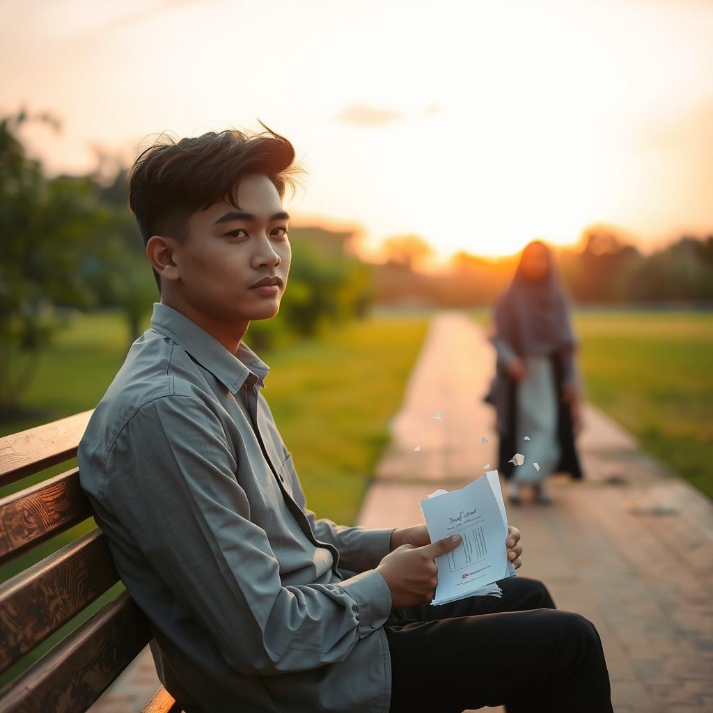 A young Indonesian man, age 22, sitting alone on a park bench during the golden hour of sunset, holding a torn wedding invitation in his hands