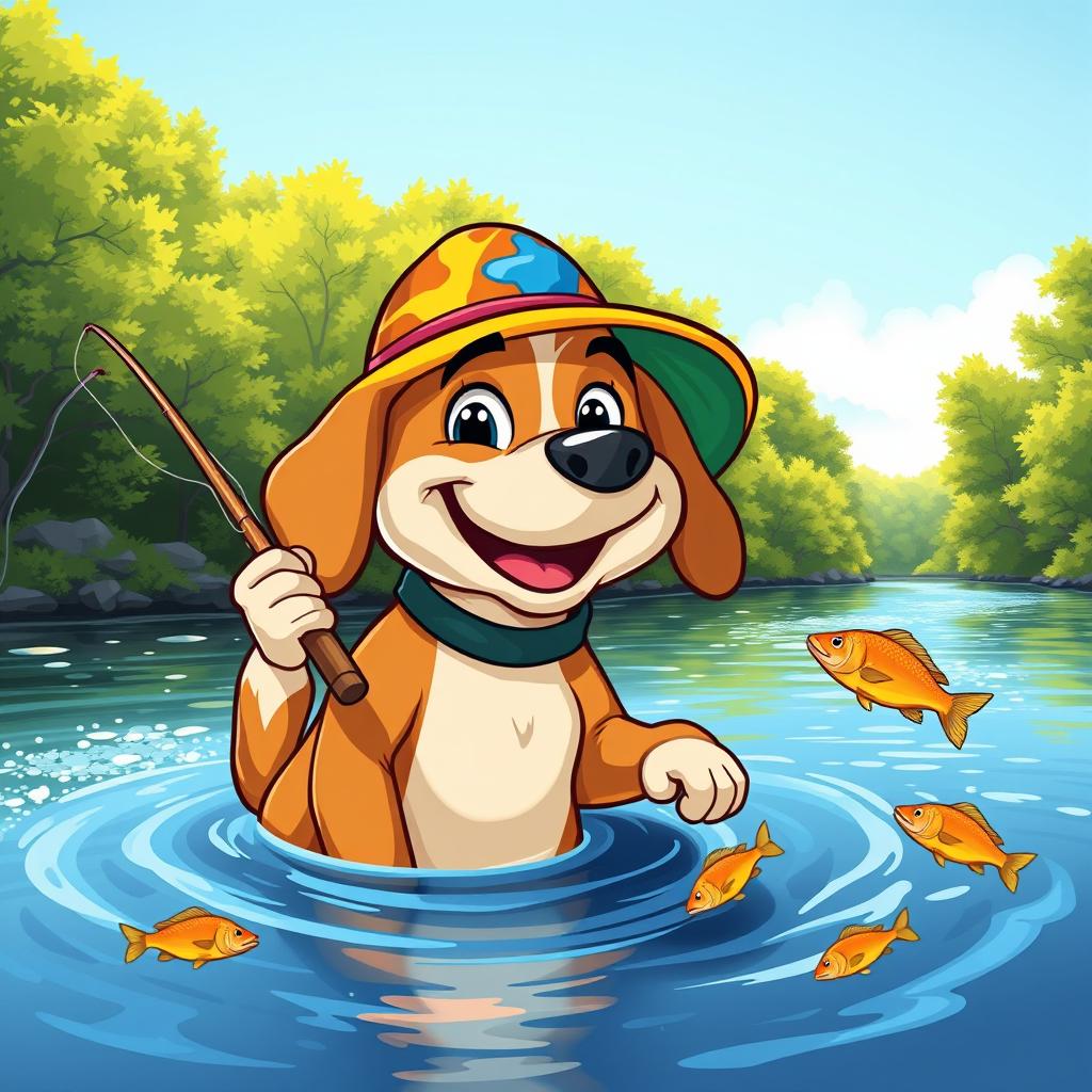 A cartoon dog happily fishing in a river, captured in a vibrant vector style