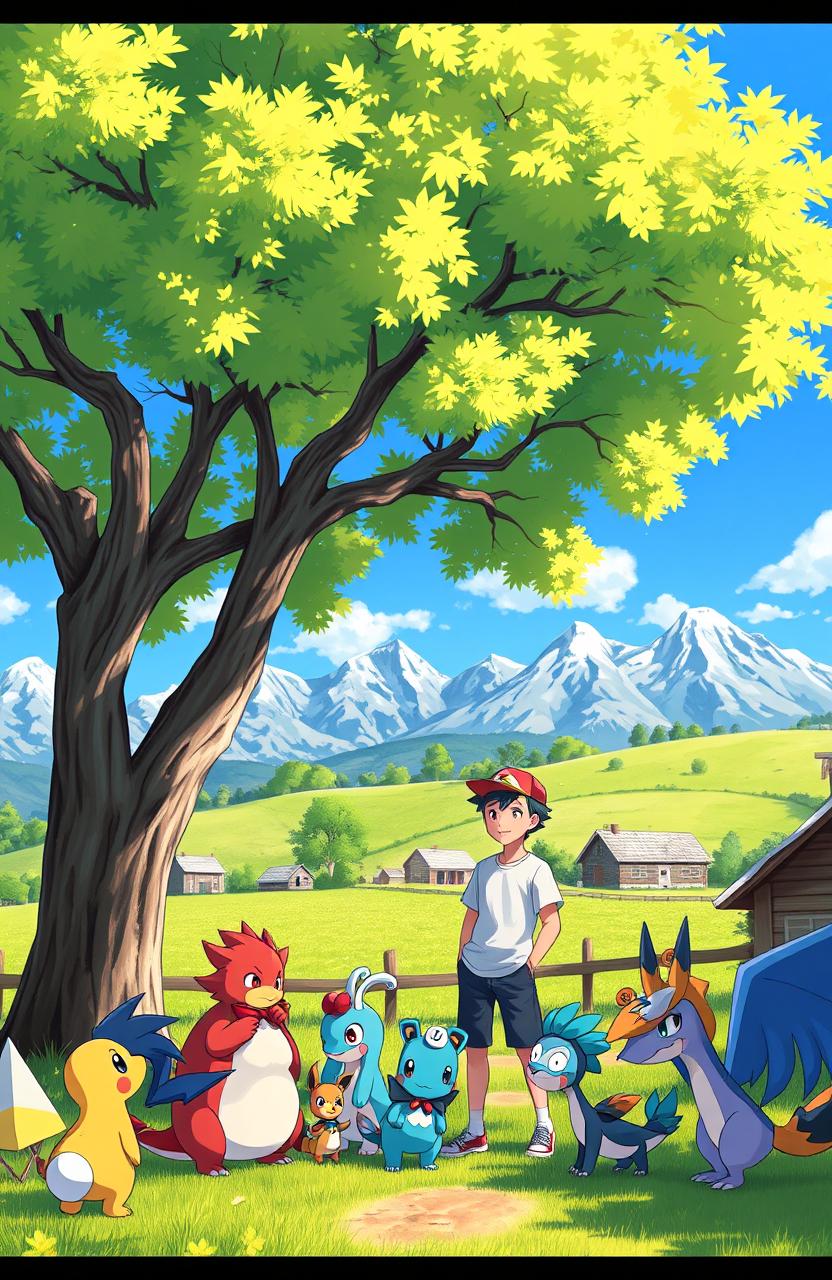 A picturesque farm scene under a clear blue sky, surrounded by majestic mountains in the background