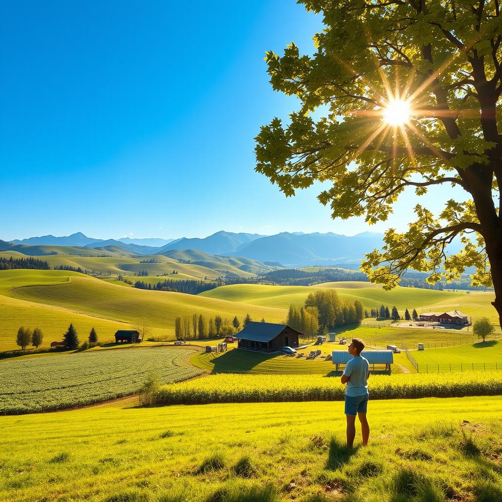 A beautiful farm scene beneath a clear blue sky, with rolling green fields and a backdrop of majestic mountains