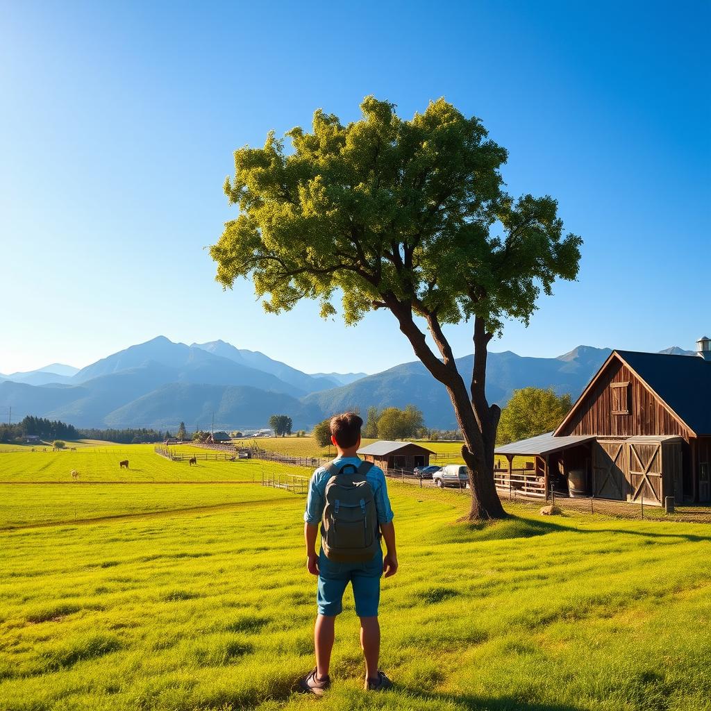 A serene farm scene set beneath a clear blue sky, with beautiful mountains rising in the background