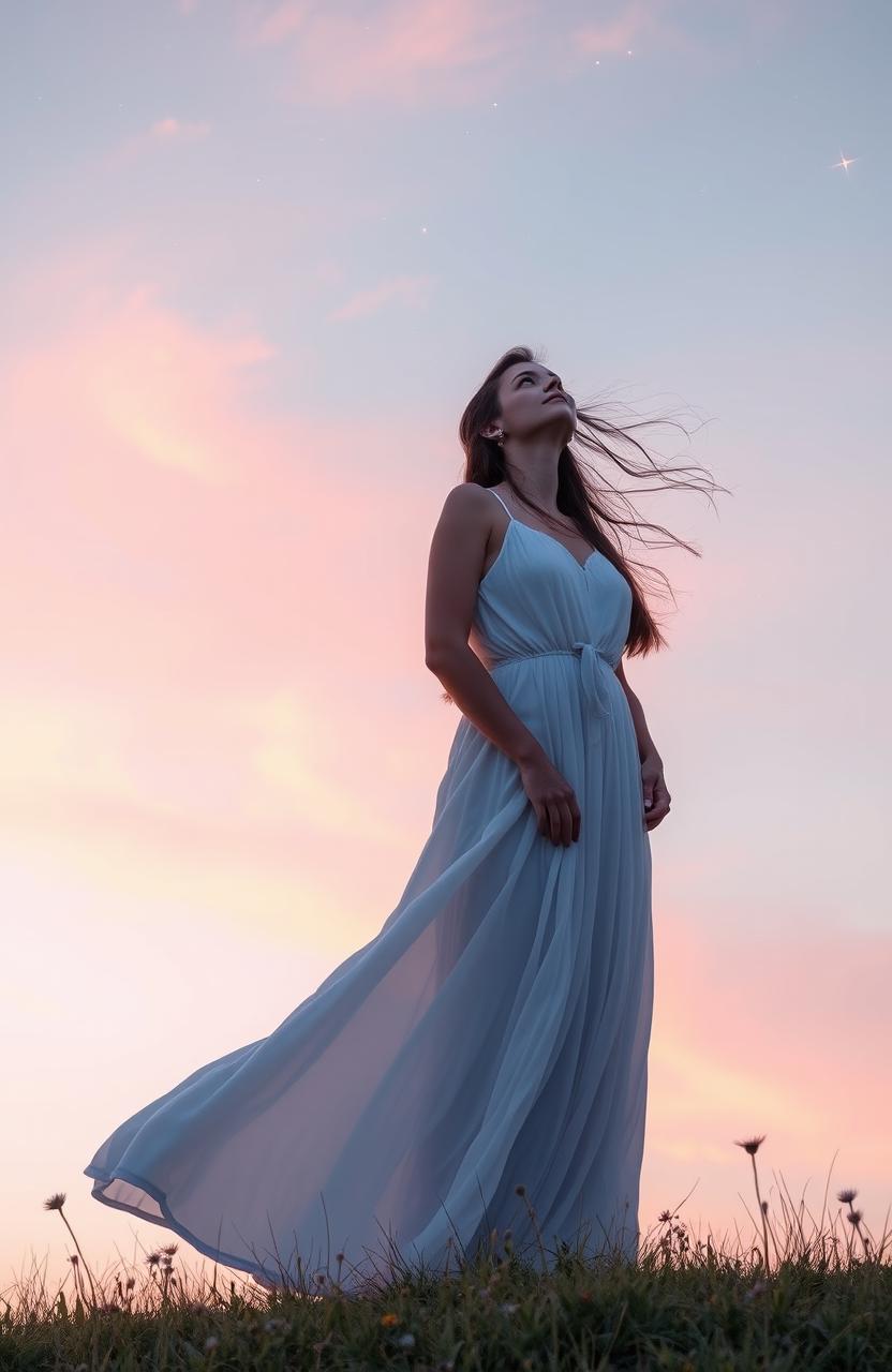 A woman looking up at the sky with a sense of awe, her hair flowing in the wind, wearing a long, flowing white dress that billows around her