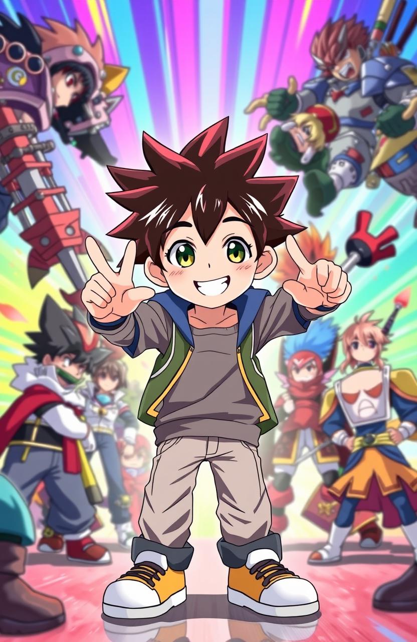 A vibrant and colorful scene featuring one animated boy in the center, styled in a fun and dynamic pose