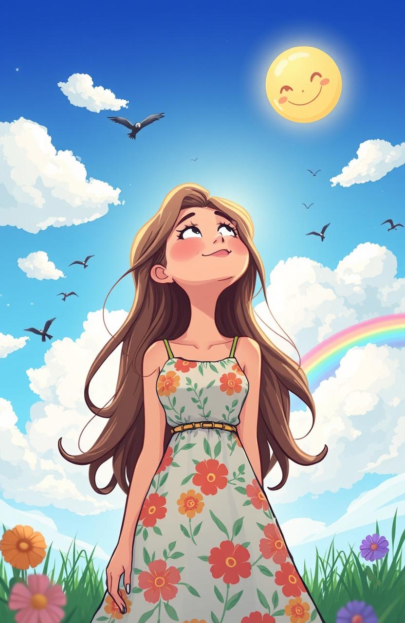 A cartoon illustration of a woman looking up at the sky with a sense of wonder and curiosity