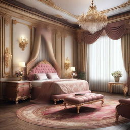 Generate an image of a luxurious and royal interior design for a bedroom, with antique furniture, lavish fabrics, opulent chandeliers and rich color palettes.