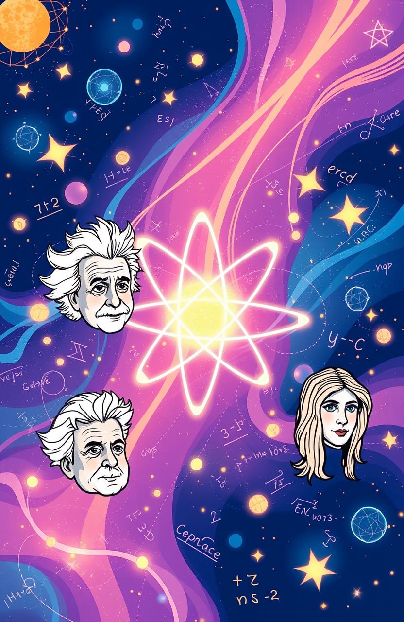 A visually captivating, modern, and cartoony 6x9 book cover featuring an abstract cosmic theme with a background of glowing atoms, twinkling stars, flowing light waves, and scattered scientific equations