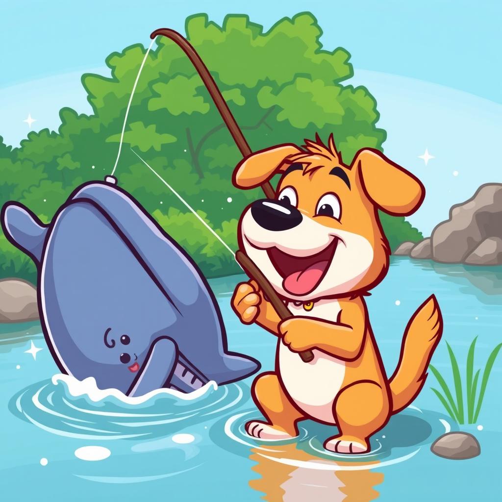 A funny cartoon scene featuring a cartoon dog with exaggerated features, joyfully fishing in a river