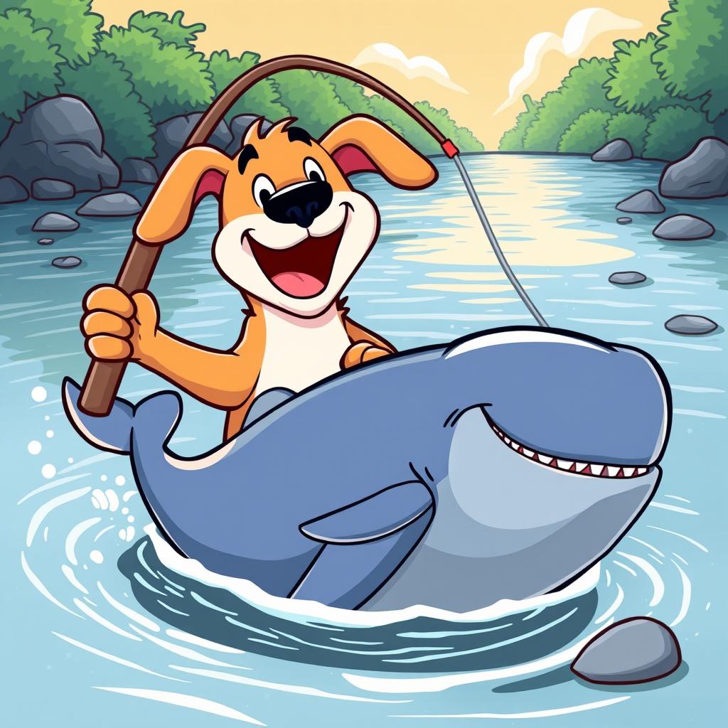 A cartoon dog joyfully fishing in a river, pulling up a huge whale with a comical expression