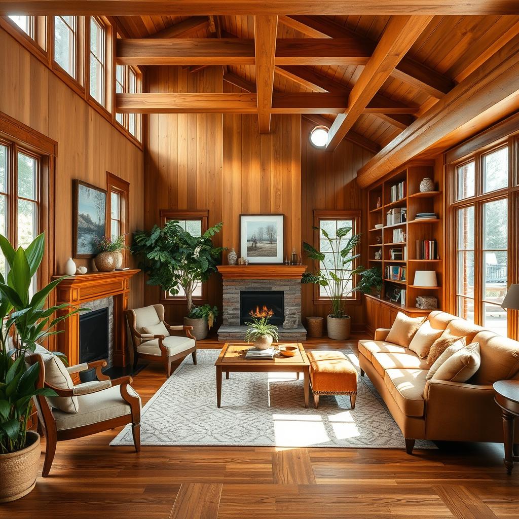 A beautifully designed interior environment featuring warm, rich wooden elements