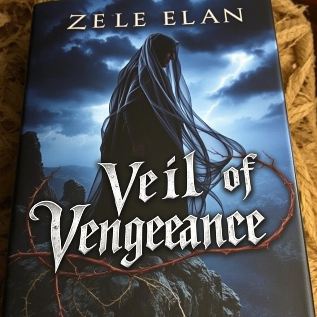 A captivating and mysterious book cover for 'Veil of Vengeance', featuring a dark, atmospheric setting