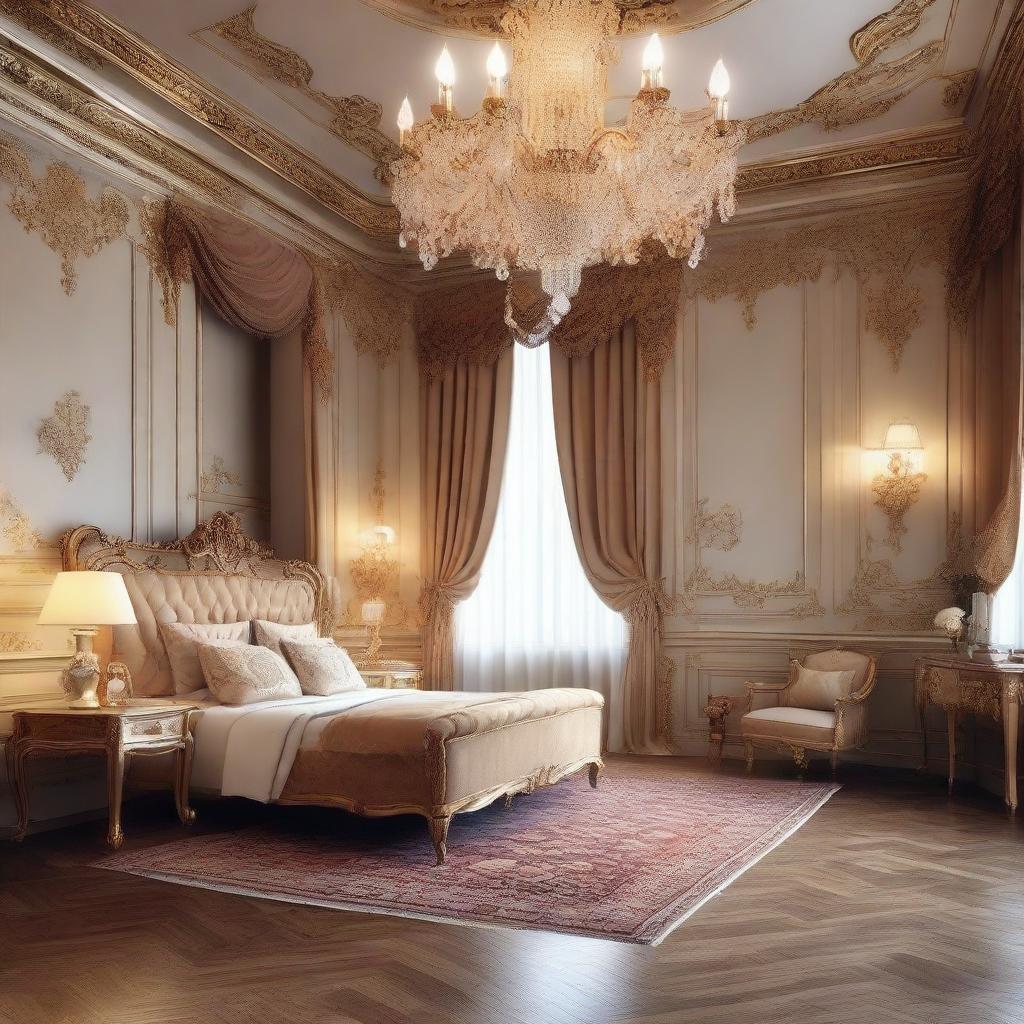 Generate an image of a luxurious and royal interior design for a bedroom, with antique furniture, lavish fabrics, opulent chandeliers and rich color palettes.