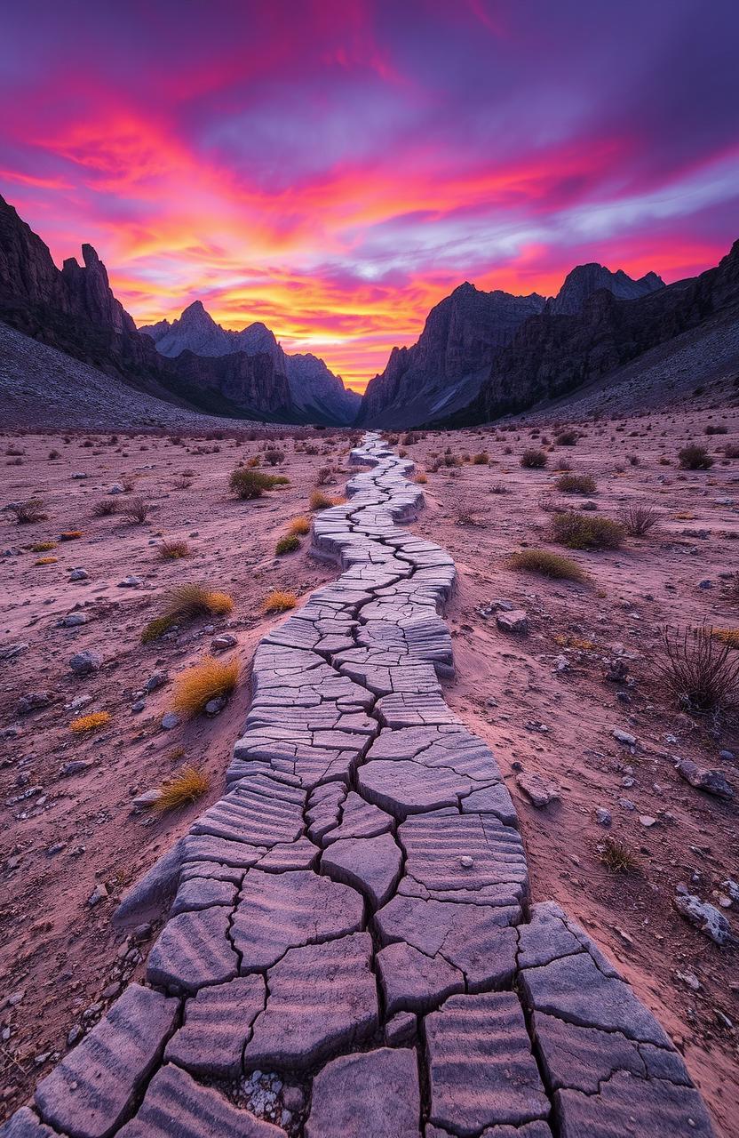 A surreal landscape featuring multiple scarred paths originating from different locations, winding and crisscrossing through a varied terrain