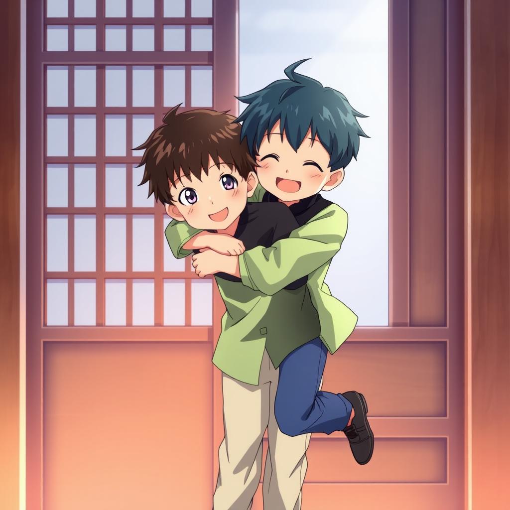 An anime-style young boy with light green shirt and light skin-colored pants, embracing another young boy dressed in a black shirt and blue pants