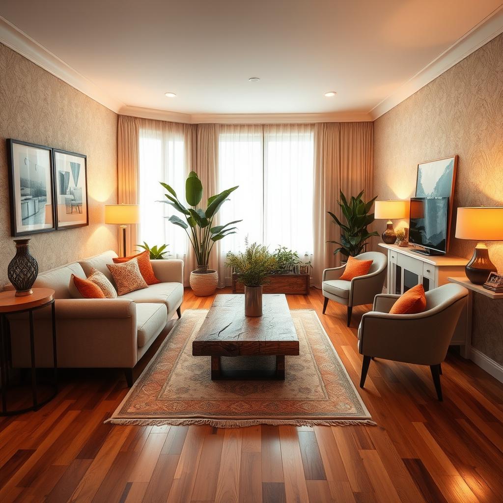 A cozy interior room designed with a warm and inviting atmosphere, featuring wooden floors made of rich, warm-toned hardwood