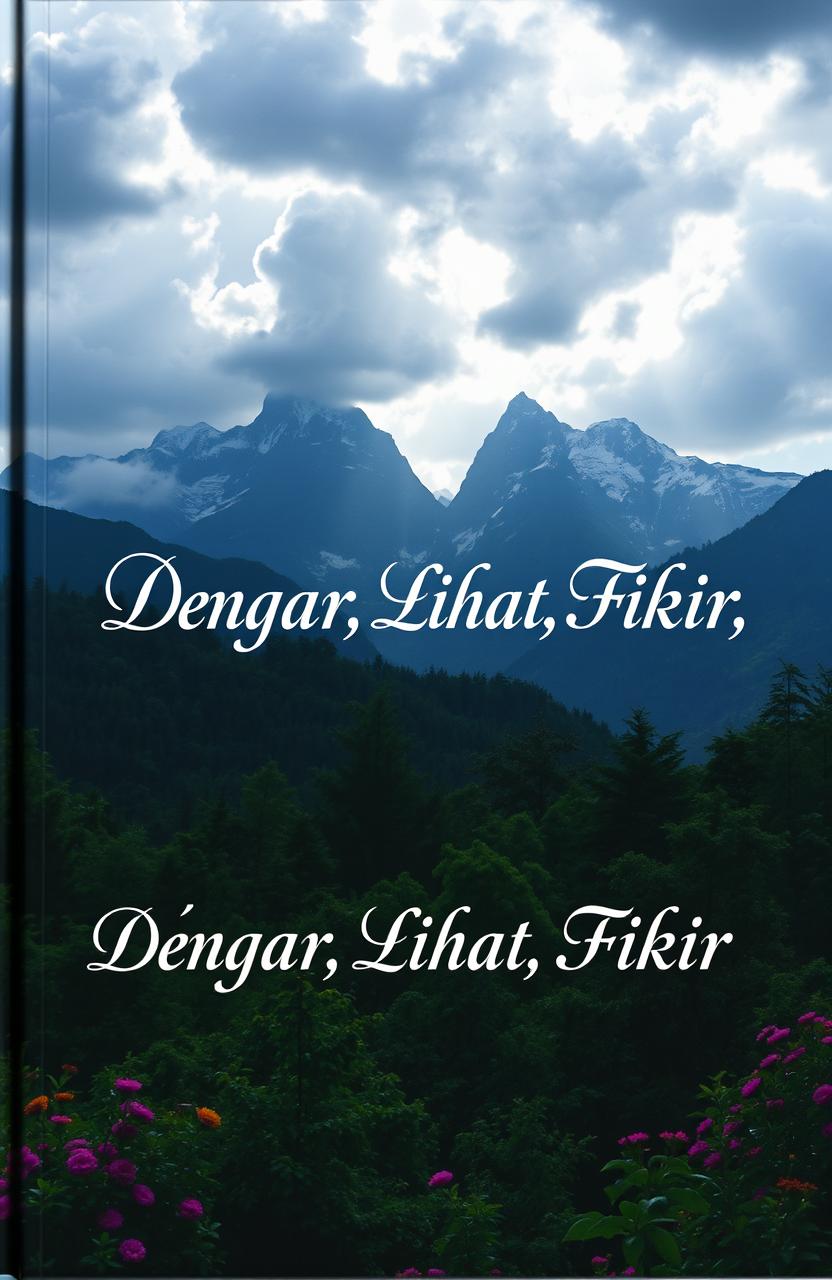 A dramatic book cover titled "Dengar, Lihat, Fikir" featuring a breathtaking nature scene