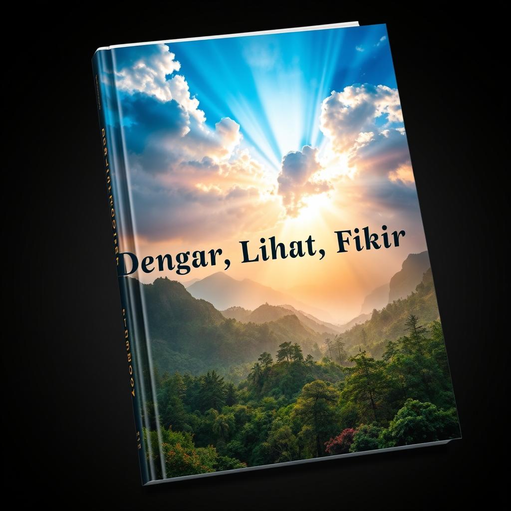 A dramatic book cover titled "Dengar, Lihat, Fikir" featuring an awe-inspiring nature scene