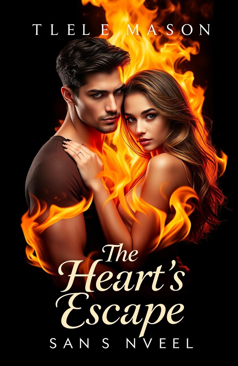 A stunning book cover for a novel titled "The Heart's Escape", featuring a handsome man and a beautiful girl holding each other intimately against a dramatic black background