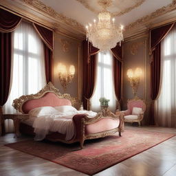 Generate an image of a luxurious and royal interior design for a bedroom, with antique furniture, lavish fabrics, opulent chandeliers and rich color palettes.