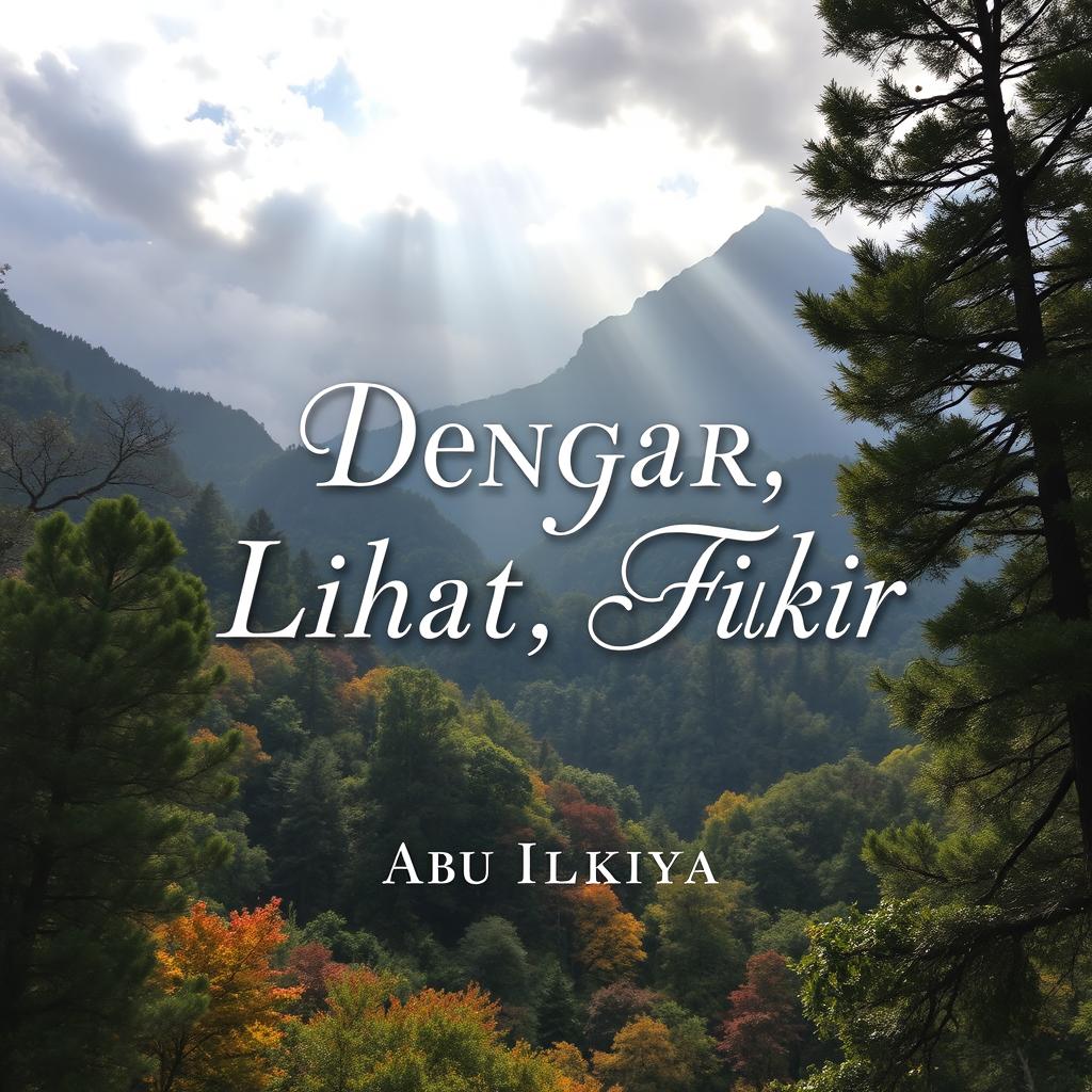 A dramatic book cover for "Dengar, Lihat, Fikir" by author Abu Ilkiya, showcasing an awe-inspiring nature scene