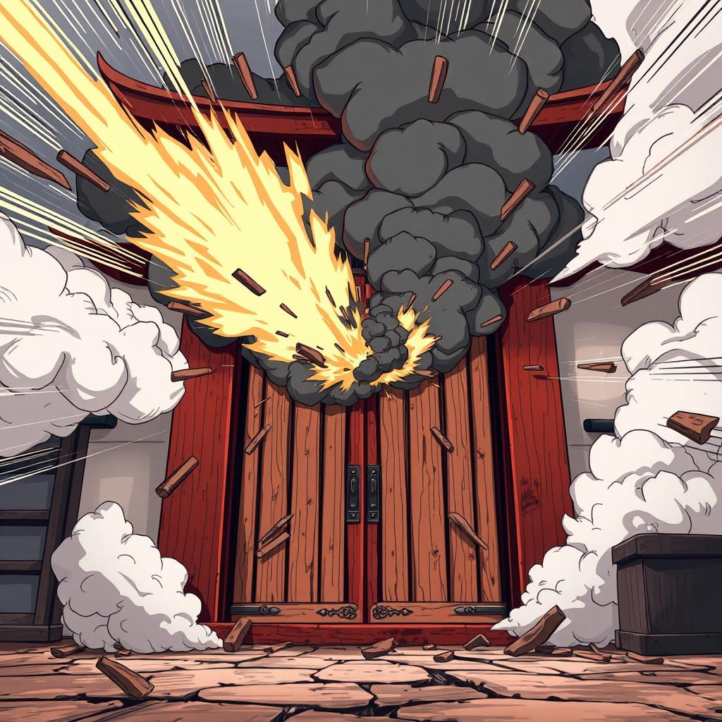 An anime-style scene depicting a traditional Japanese door bursting open with a dynamic explosion, sending wooden splinters flying and a cloud of thick smoke billowing out