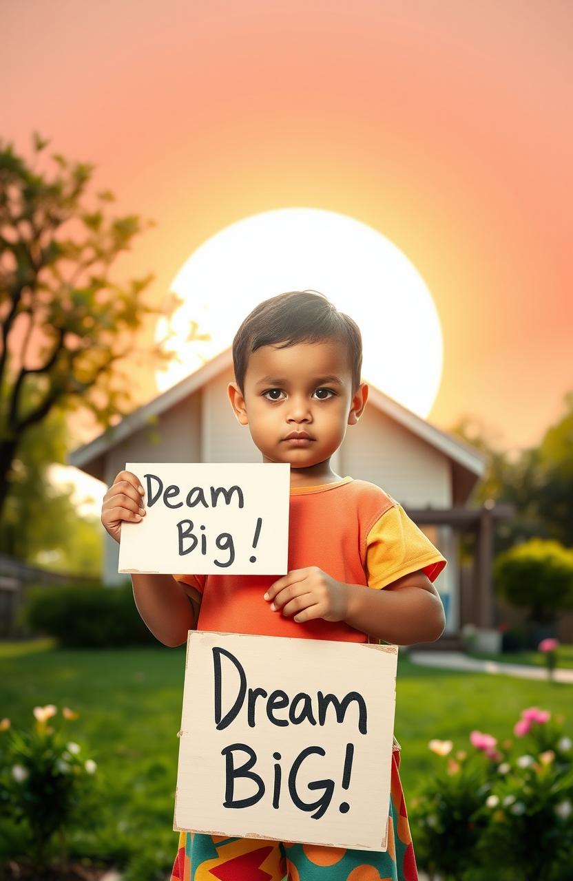 A determined young child full of hope and ambition, standing in front of a bright sunrise symbolizing new beginnings