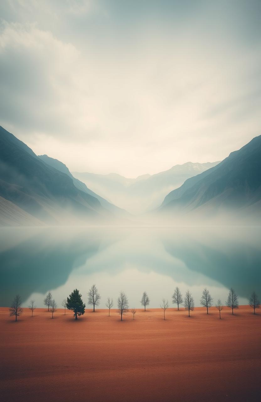 A dramatic Nature scene inspired by the concept of 'Dengar, Lihat Fikir' from writer Abu Ilkiya Ashajj, featuring a minimalist style