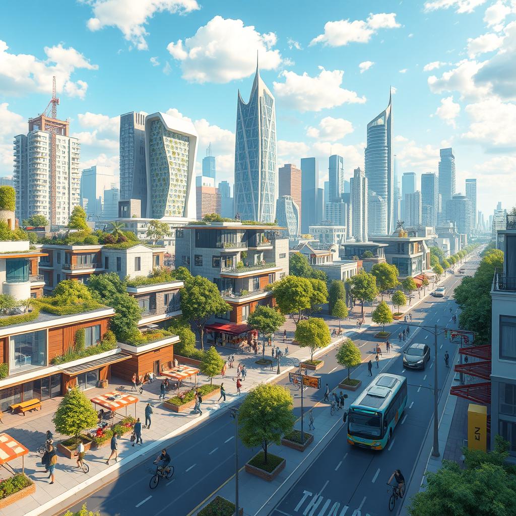 A highly detailed and vibrant urban planning concept illustration showcasing a futuristic city layout