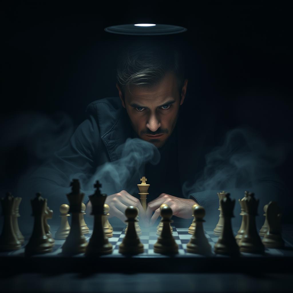 Create a highly detailed and atmospheric image of a man intensely focused on a game of chess, seated alone in a dark, gloomy room