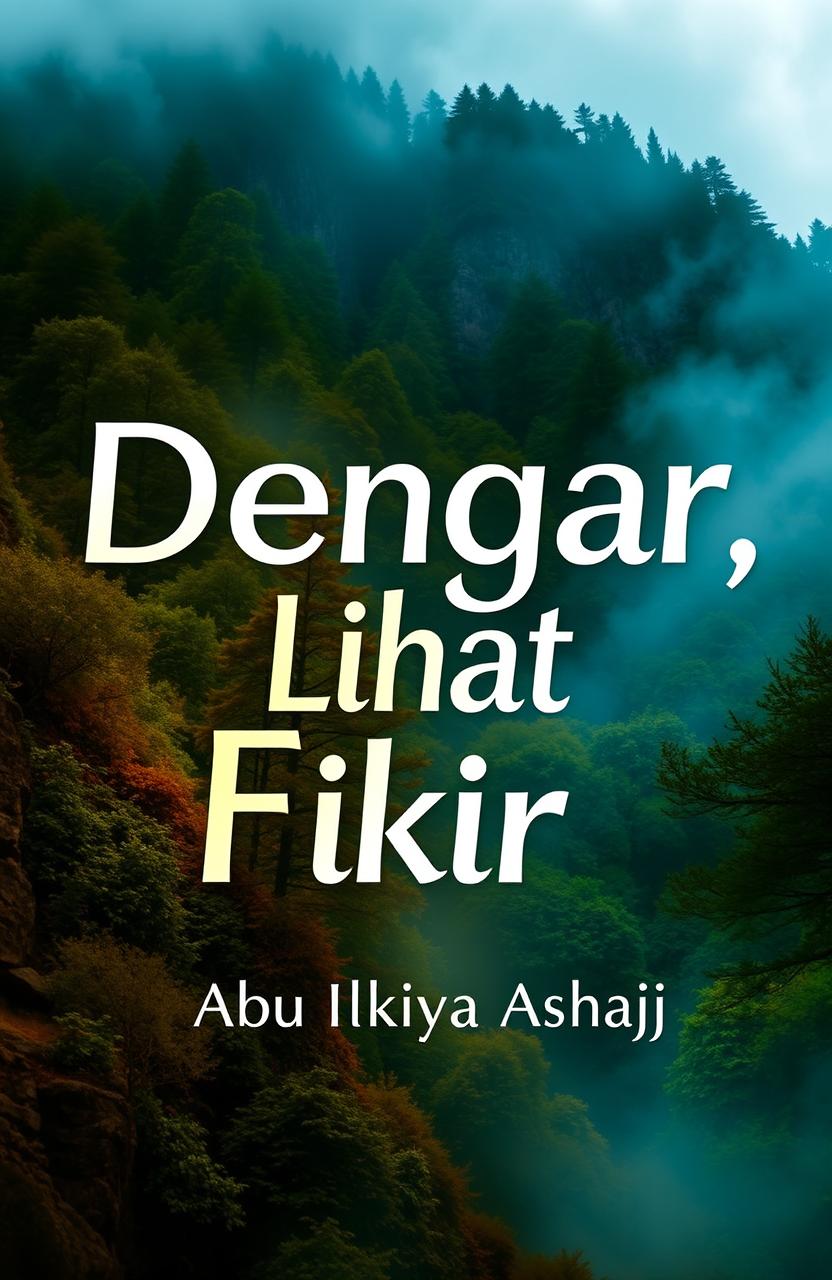 Create a visually striking book cover for 'Dengar, Lihat Fikir' by Abu Ilkiya Ashajj
