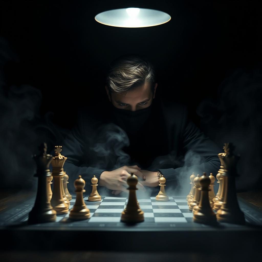 Create a highly detailed and atmospheric image of a man in his 20s with a covered face, intensely focused on a game of chess, seated alone in a dark, gloomy room