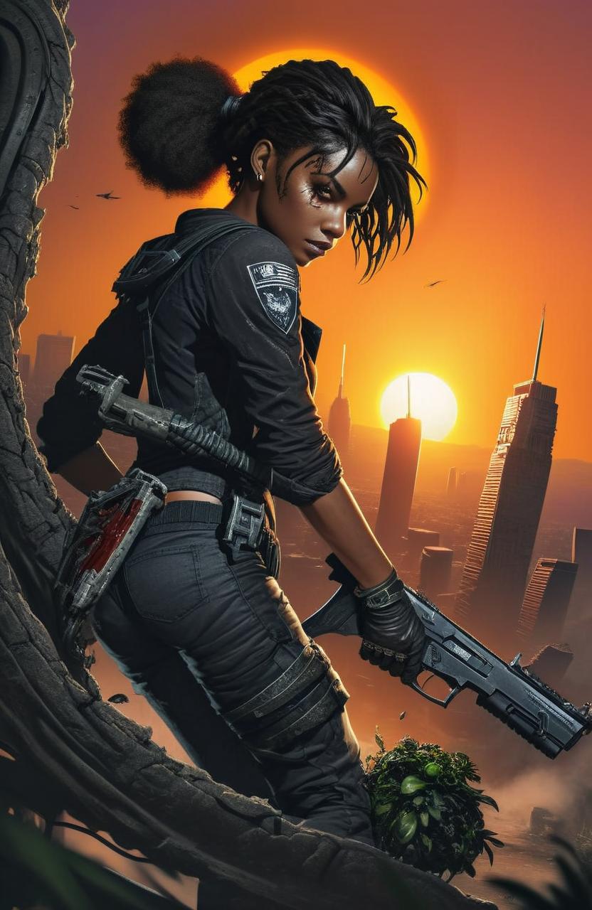 Make a cover with that quality. Change the girl to be black girl no gun and background or city should be replaced by a huge scary maze