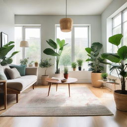 An airy, well-lit room with stylish modern furniture and lush indoor plants. The room has serene color palettes with pops of vibrant colors, a large window letting in natural light, and an aesthetic rug covering hardwood floor.