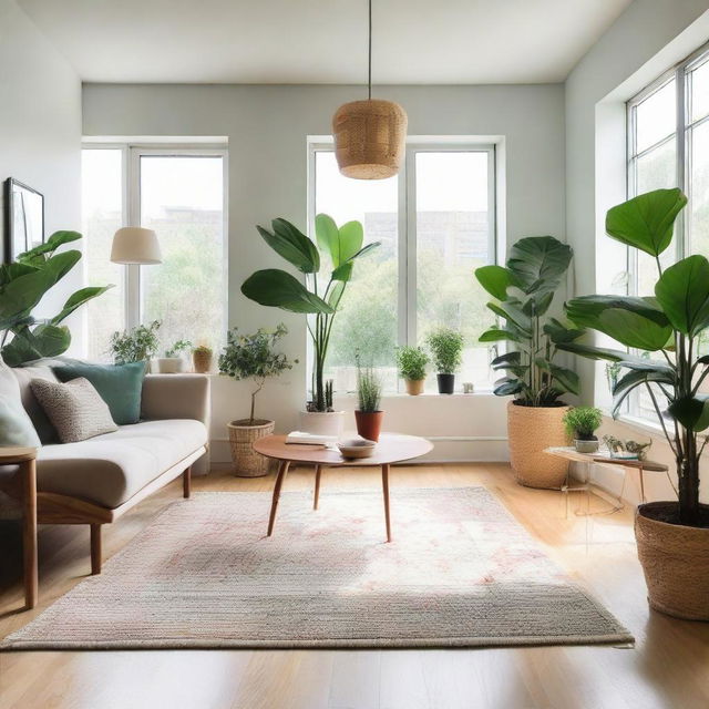 An airy, well-lit room with stylish modern furniture and lush indoor plants. The room has serene color palettes with pops of vibrant colors, a large window letting in natural light, and an aesthetic rug covering hardwood floor.