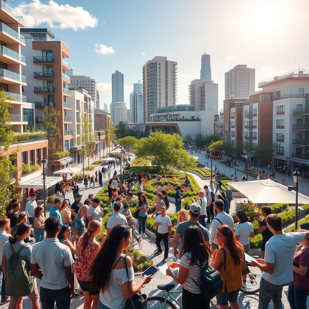 A vibrant urban planning community in action, featuring diverse groups of people engaging in discussions about city layout and design