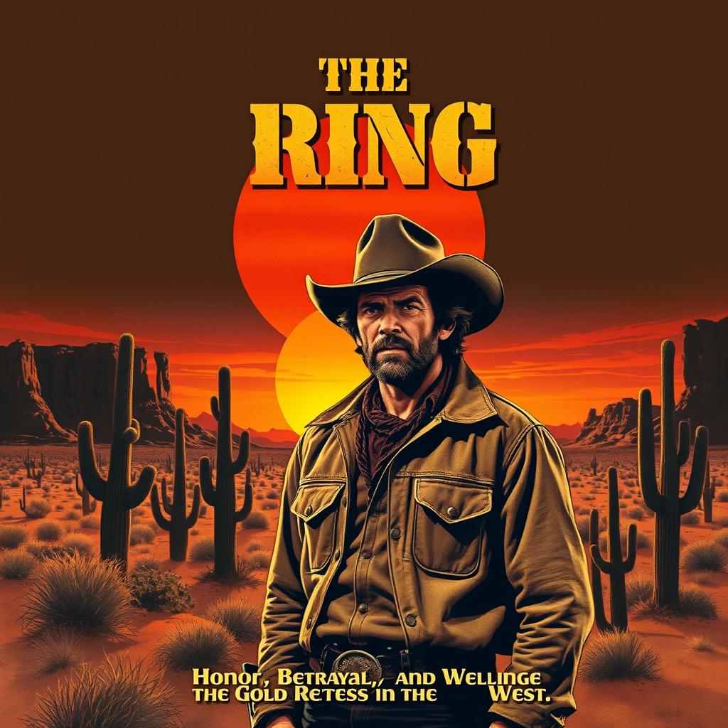A vintage Western movie poster titled 'The Ring', depicting a rugged cowboy standing in the foreground, wearing a classic 70's western hat and a dusty leather jacket