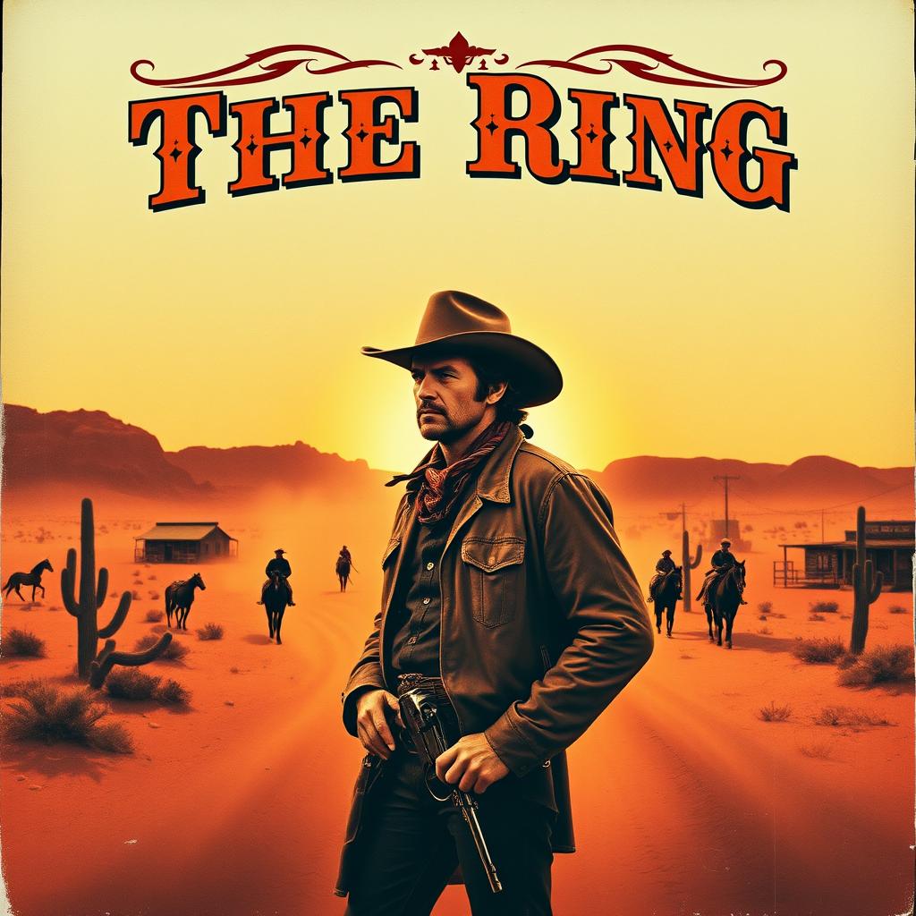 A vintage Western movie poster titled 'The Ring', featuring a lone cowboy in a rugged landscape, dressed in typical 70's western attire like a wide-brimmed hat, a bandana, and a weathered leather coat