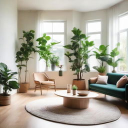 An airy, well-lit room with stylish modern furniture and lush indoor plants. The room has serene color palettes with pops of vibrant colors, a large window letting in natural light, and an aesthetic rug covering hardwood floor.