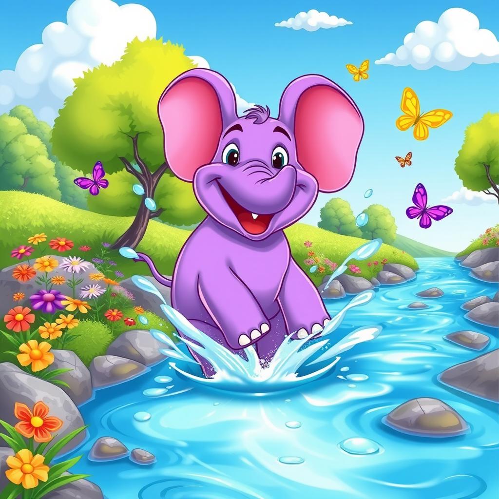 A playful cartoon purple elephant joyfully splashing in a sparkling blue river, surrounded by lush green trees and colorful flowers on the riverbank
