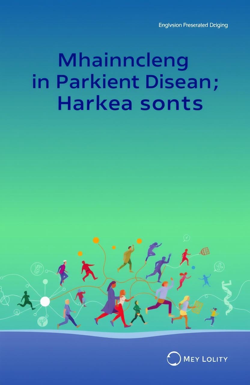 A research paper cover design titled 'Enhancing Movement in Parkinson's Disease' featuring a gradient background of calming blues and greens, symbolizing tranquility and hope
