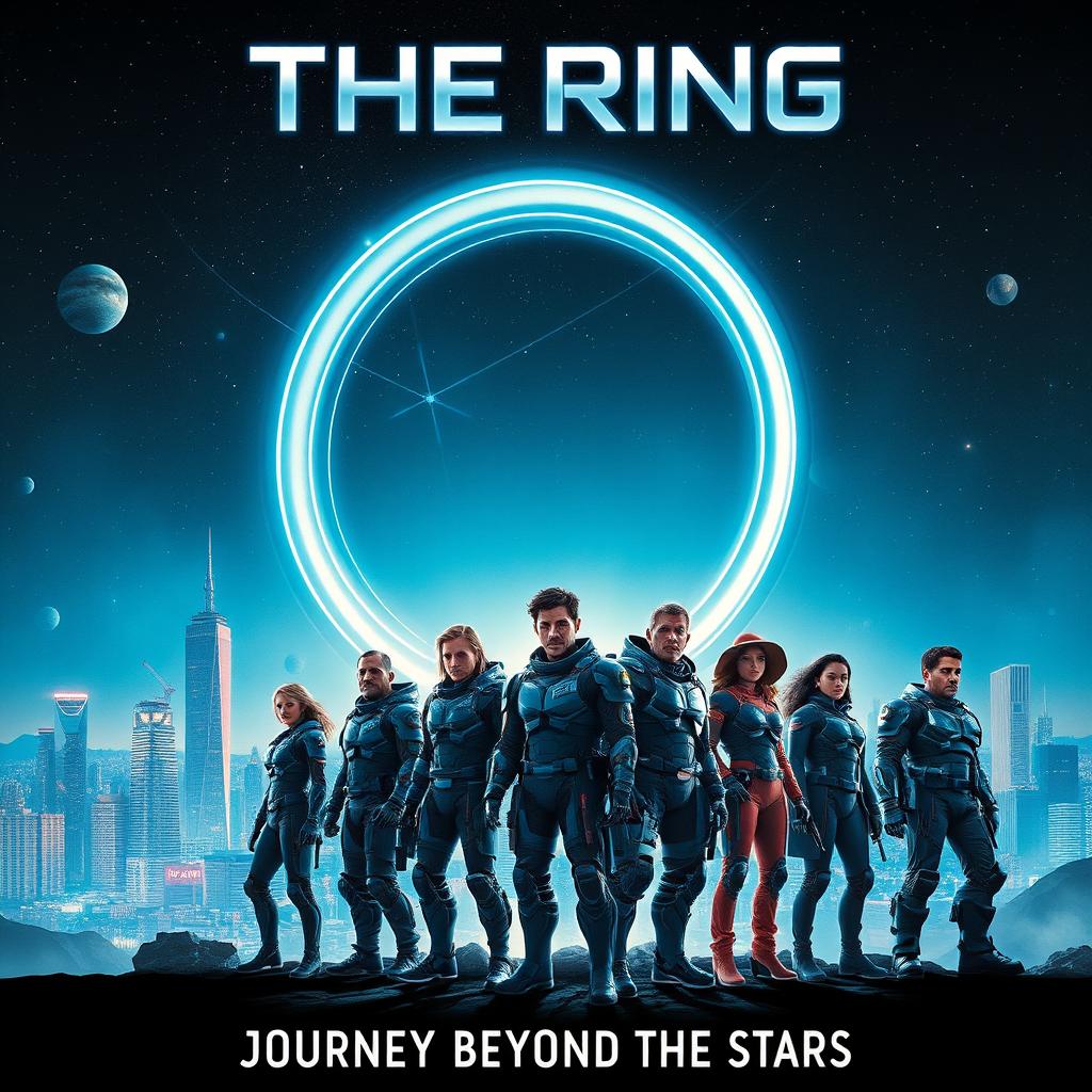 A sci-fi movie poster titled 'The Ring', featuring a futuristic city skyline illuminated by neon lights and a massive glowing ring structure hovering above the metropolis