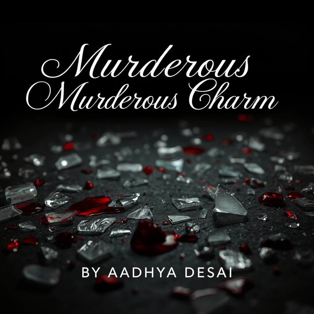 A dramatic and dark composition featuring shattered glass scattered across the ground, with real blood stains vividly contrasting against a dark surface