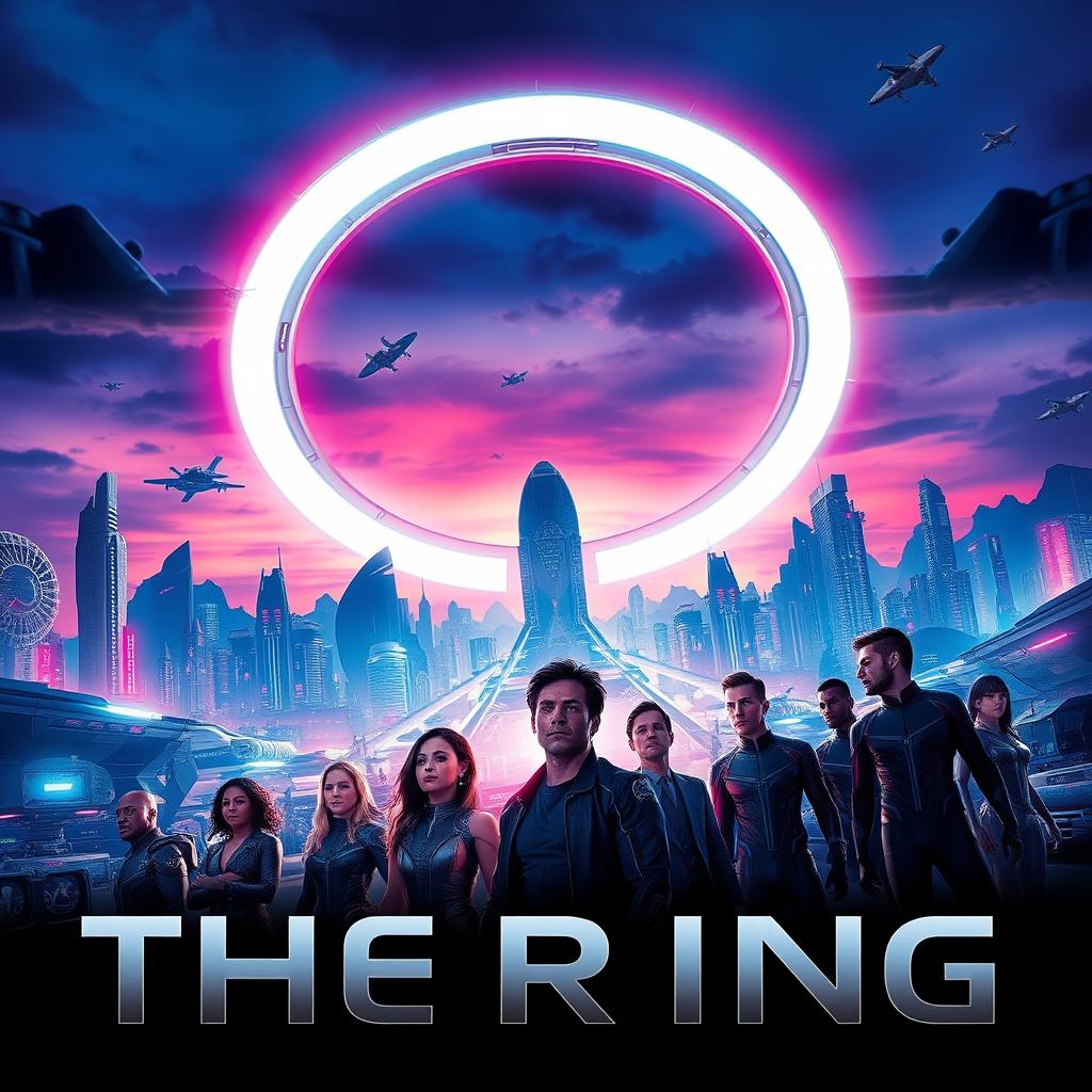 A captivating sci-fi movie poster titled 'The Ring', featuring a stunning futuristic cityscape at twilight, illuminated by vibrant neon lights and a large, mysterious ring hovering in the sky