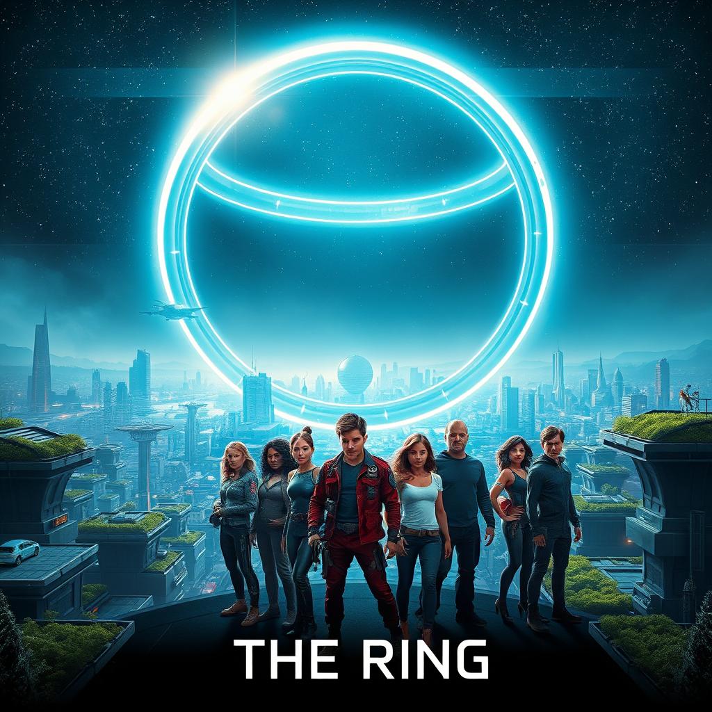 A striking sci-fi movie poster titled 'The Ring', showcasing a breathtaking futuristic landscape under a starry sky