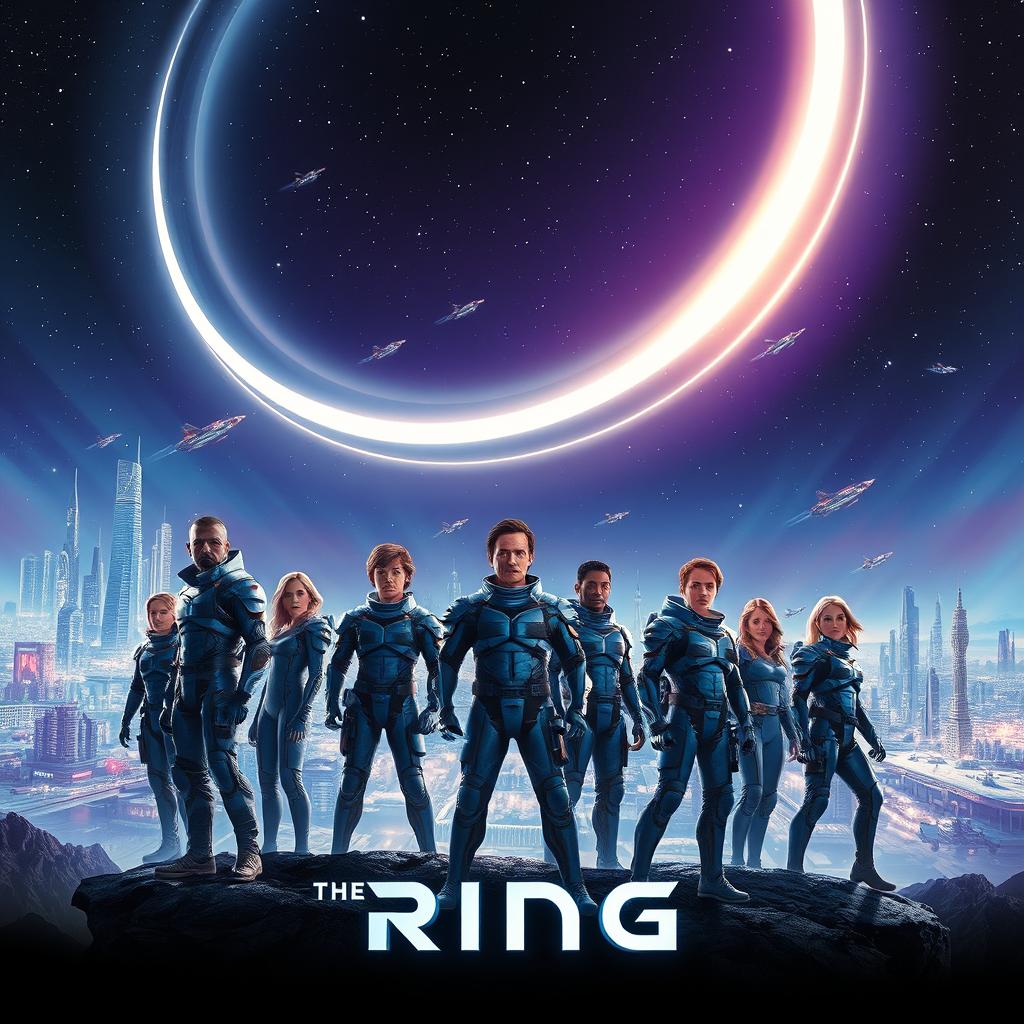 A visually stunning sci-fi movie poster titled 'The Ring', featuring a sprawling futuristic city under a dramatic night sky filled with stars