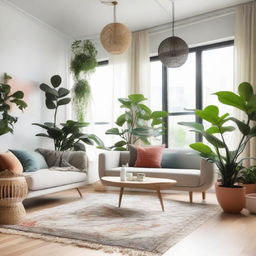 An airy, well-lit room with stylish modern furniture and lush indoor plants. The room has serene color palettes with pops of vibrant colors, a large window letting in natural light, and an aesthetic rug covering hardwood floor.