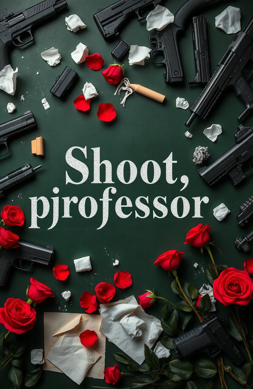 A dark green background filled with various guns artistically arranged, pieces of chalk scattered across the surface, crumpled papers in disarray, and vibrant red roses interspersed throughout