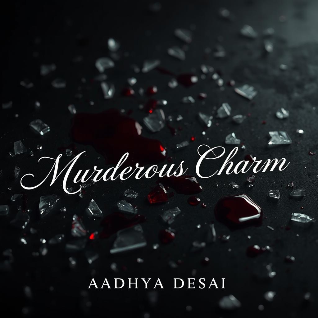 A dramatic and dark composition featuring shattered glass scattered across the ground, with real blood stains vividly contrasting against a dark surface
