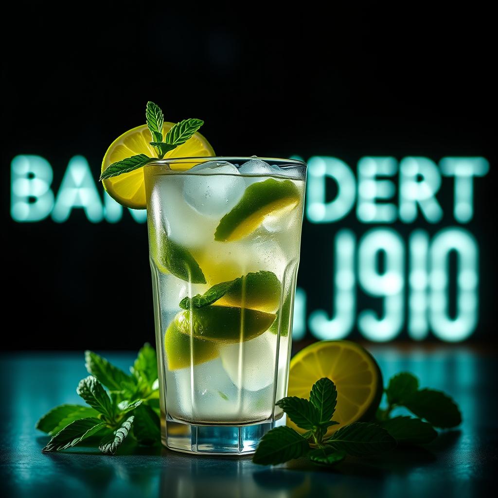A beautifully crafted mojito cocktail placed on a dark background, surrounded by fresh lime slices and mint leaves