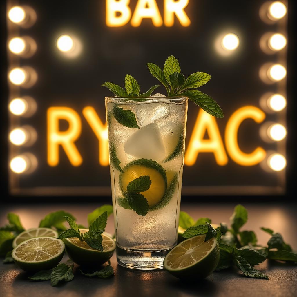 A vibrant mojito cocktail placed on a dark background, surrounded by fresh lime slices and mint leaves