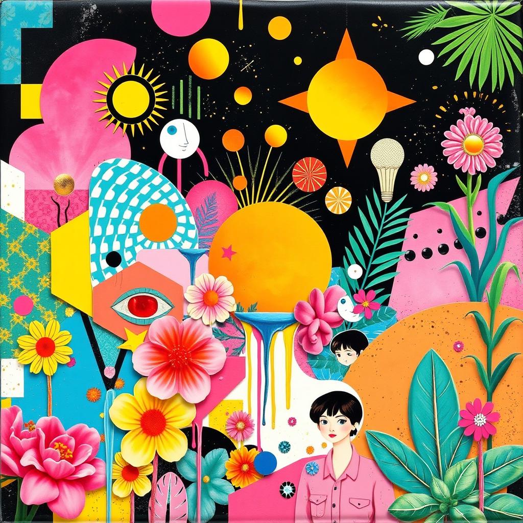 A vibrant and funky collage featuring an eclectic mix of elements, including bold geometric shapes, colorful abstract patterns, and surreal imagery